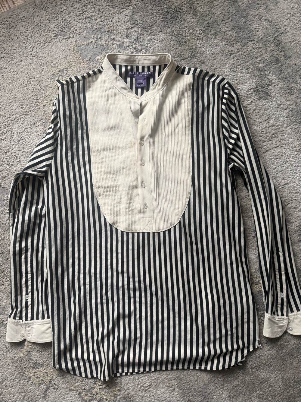 Ralph Lauren Purple Label Black & White Striped Band-Collar Shirt TUXEDO